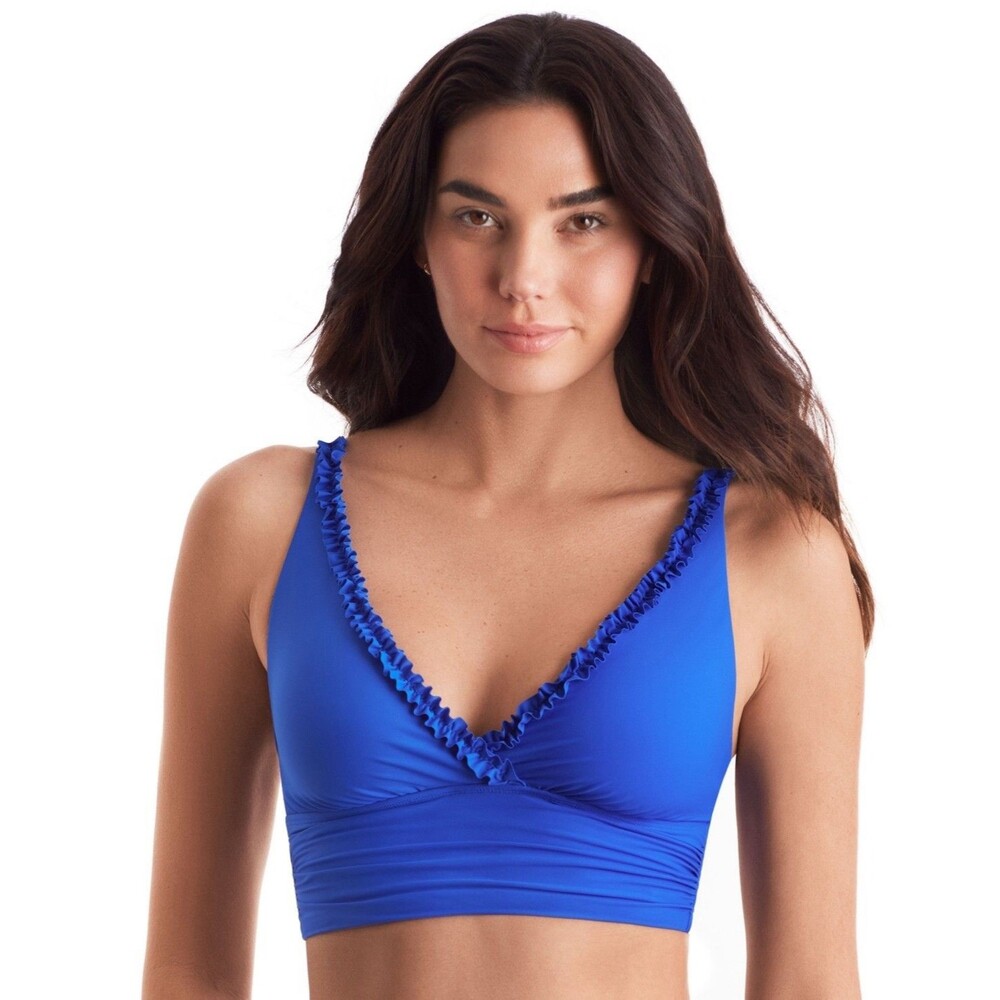 Mimi Flamingo Women’s Sonny Ruffle-Neck Midkini Top Blue Size 6 NWT $84